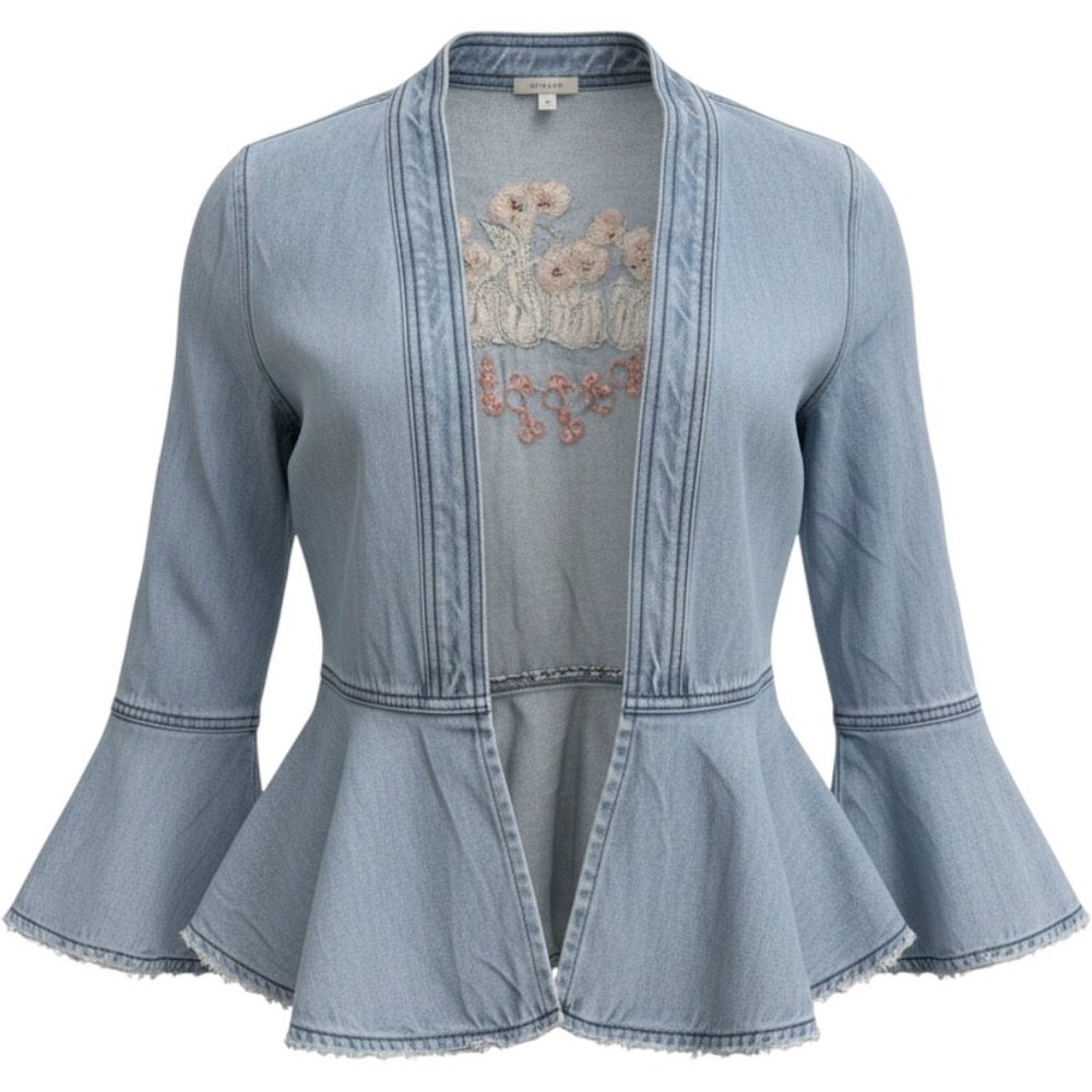 Tommy Bahama Denim Peplum Jacket Sm Embroidered Poppies Bell Sleeve Boho Coastal